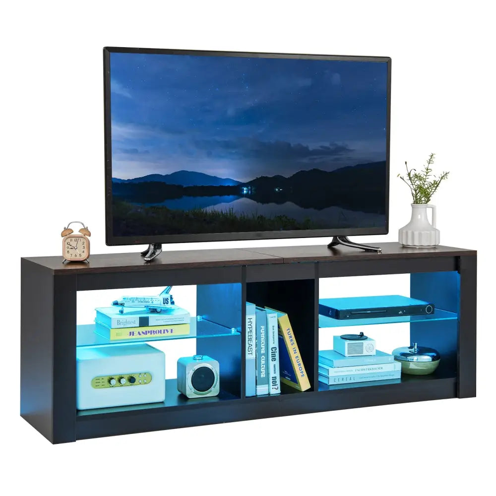 Modern TV Stand with LED Light and Adjustable Shelves for TVs up to 65 inch-Brown - Brown - Entertainment Centers & TV