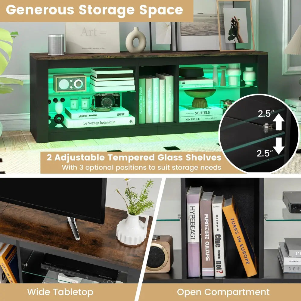 Modern TV Stand with LED Light and Adjustable Shelves for TVs up to 65 inch-Brown - Brown - Entertainment Centers & TV