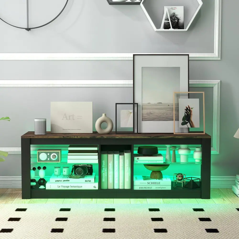 Modern TV Stand with LED Light and Adjustable Shelves for TVs up to 65 inch-Brown - Brown - Entertainment Centers & TV