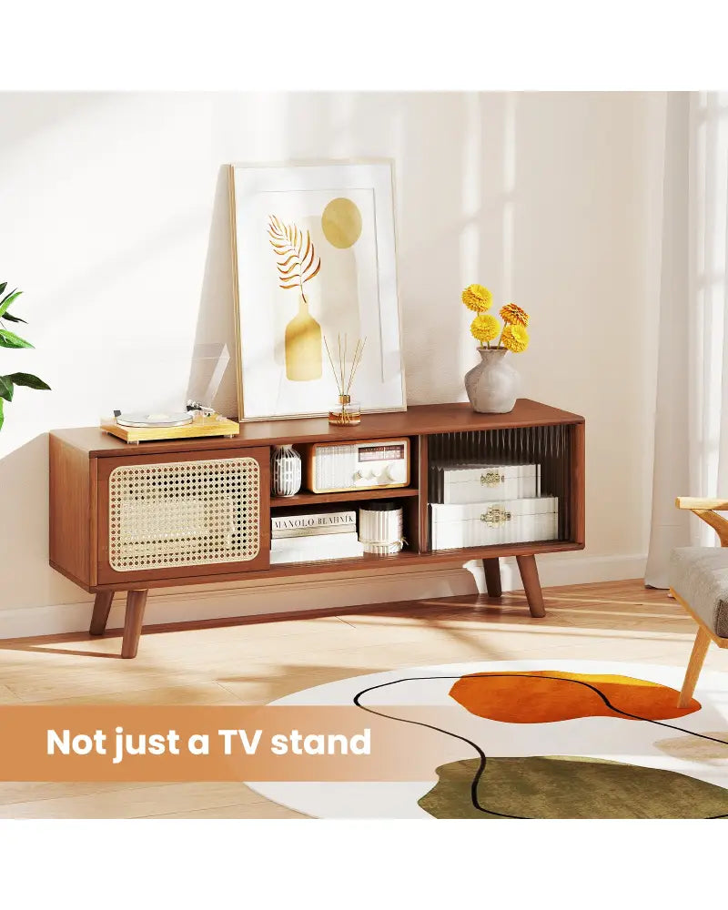 Modern TV Stand with Rattan Glass Sliding Doors-Brown - Brown - Entertainment Centers & TV Stands