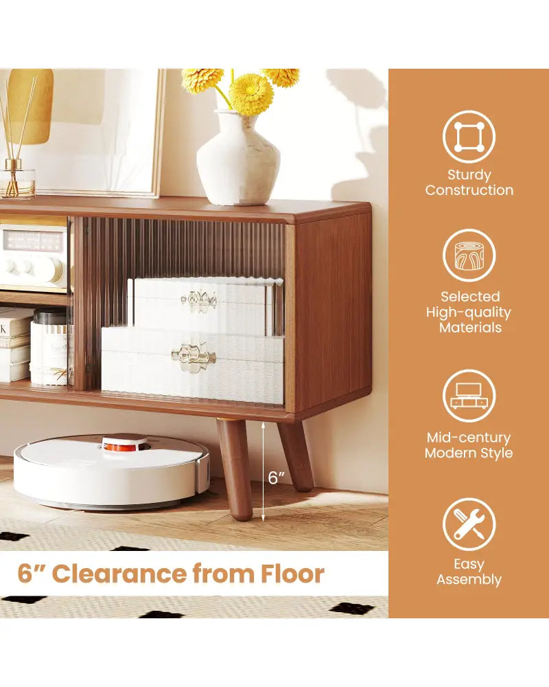 Modern TV Stand with Rattan Glass Sliding Doors-Brown - Brown - Entertainment Centers & TV Stands