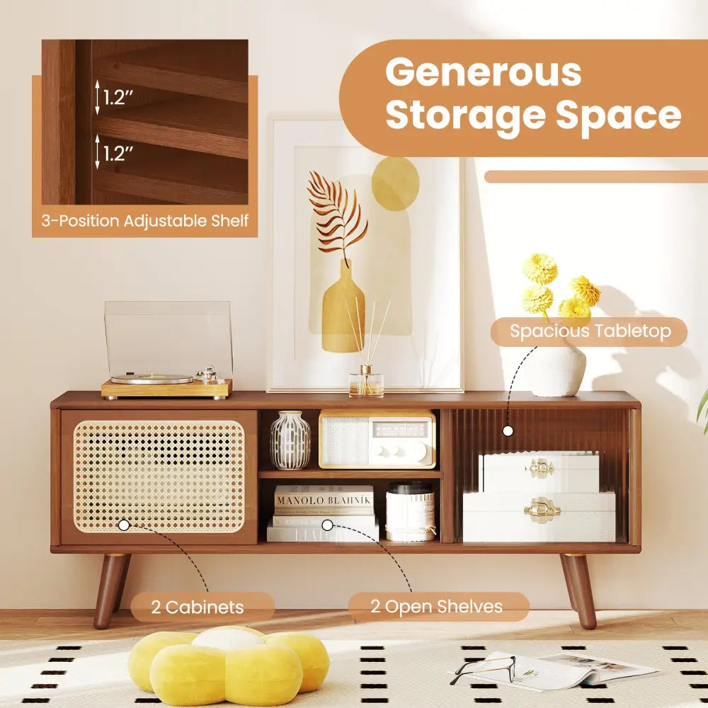 Modern TV Stand with Rattan Glass Sliding Doors-Brown - Brown - Entertainment Centers & TV Stands