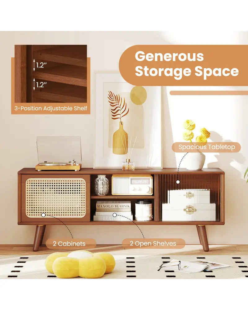 Modern TV Stand with Rattan Glass Sliding Doors-Brown - Brown - Entertainment Centers & TV Stands