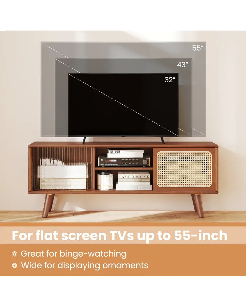 Modern TV Stand with Rattan Glass Sliding Doors-Brown - Brown - Entertainment Centers & TV Stands