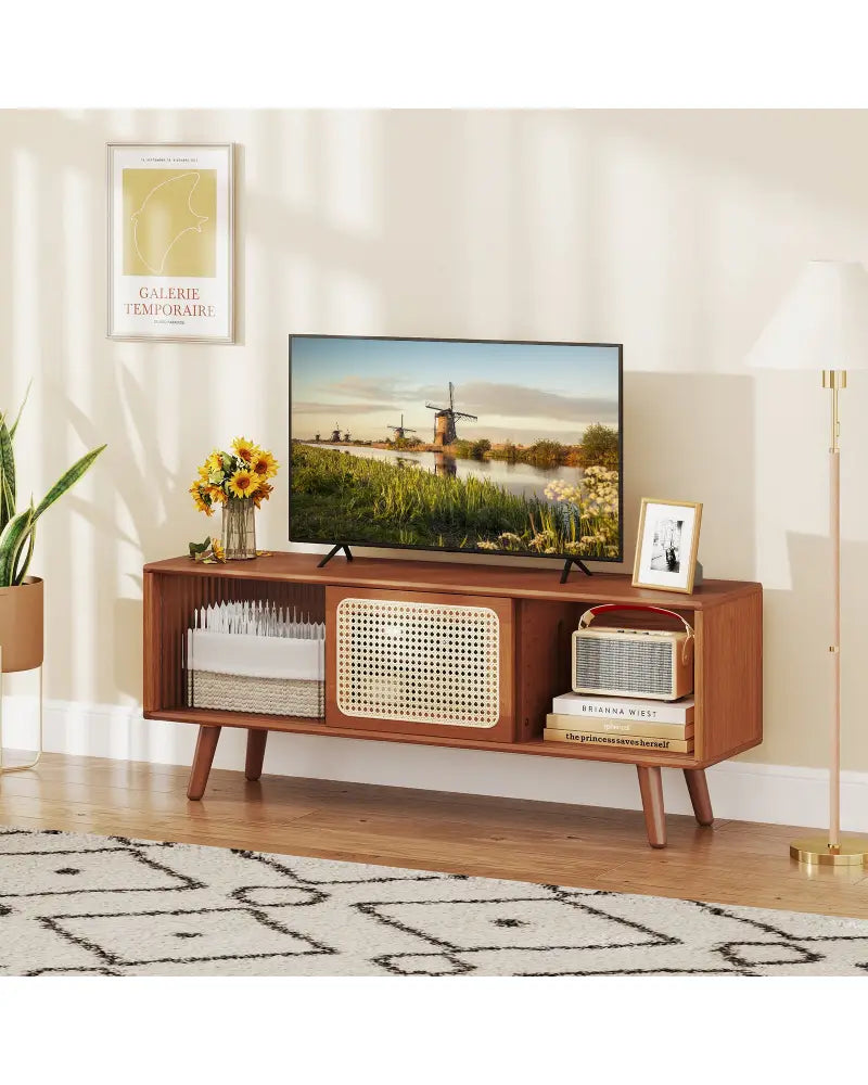 Modern TV Stand with Rattan Glass Sliding Doors-Brown - Brown - Entertainment Centers & TV Stands