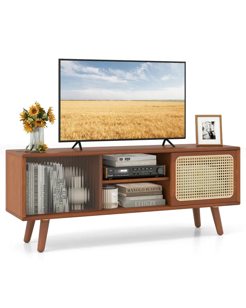 Modern TV Stand with Rattan Glass Sliding Doors-Brown - Brown - Entertainment Centers & TV Stands