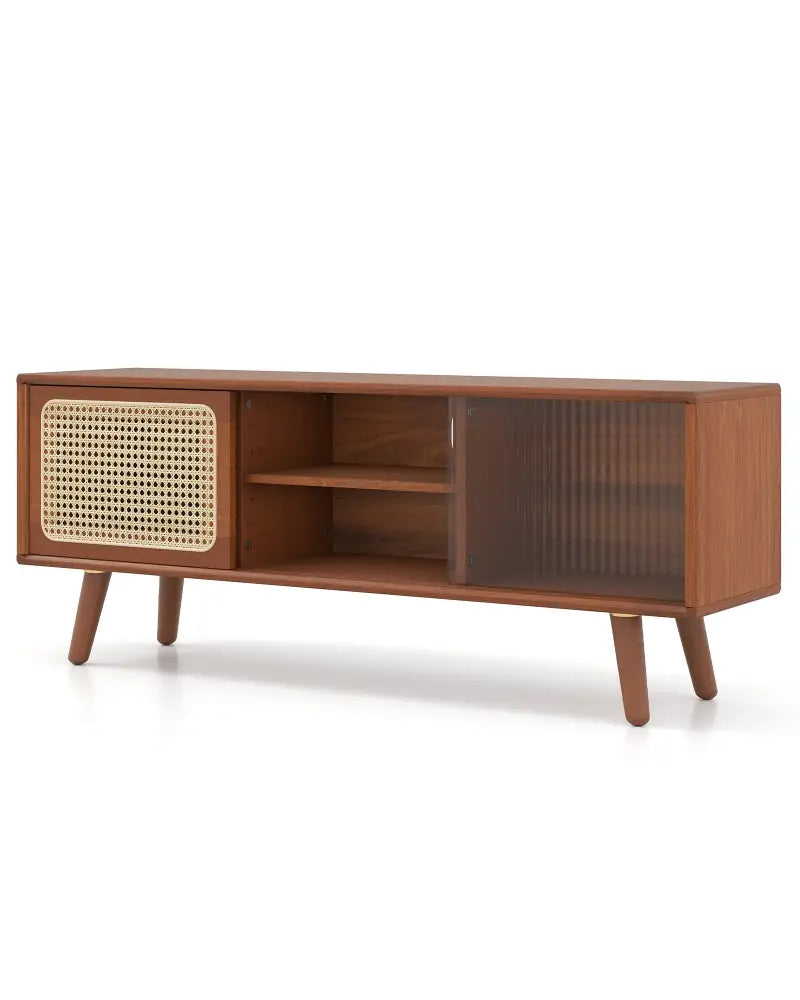 Modern TV Stand with Rattan Glass Sliding Doors-Brown - Brown - Entertainment Centers & TV Stands