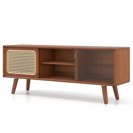 Modern TV Stand with Rattan Glass Sliding Doors-Brown - Brown - Living Room