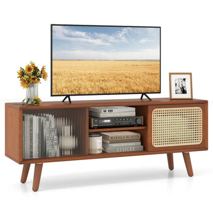 Modern TV Stand with Rattan Glass Sliding Doors-Brown - Brown - Living Room