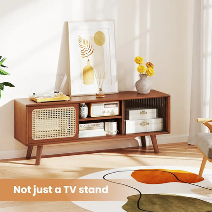 Modern TV Stand with Rattan Glass Sliding Doors-Brown - Brown - Living Room