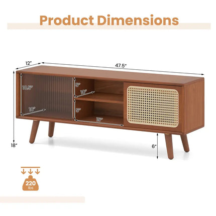Modern TV Stand with Rattan Glass Sliding Doors-Brown - Brown - Living Room