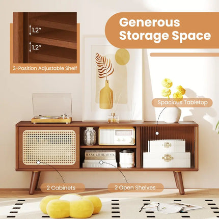 Modern TV Stand with Rattan Glass Sliding Doors-Brown - Brown - Living Room