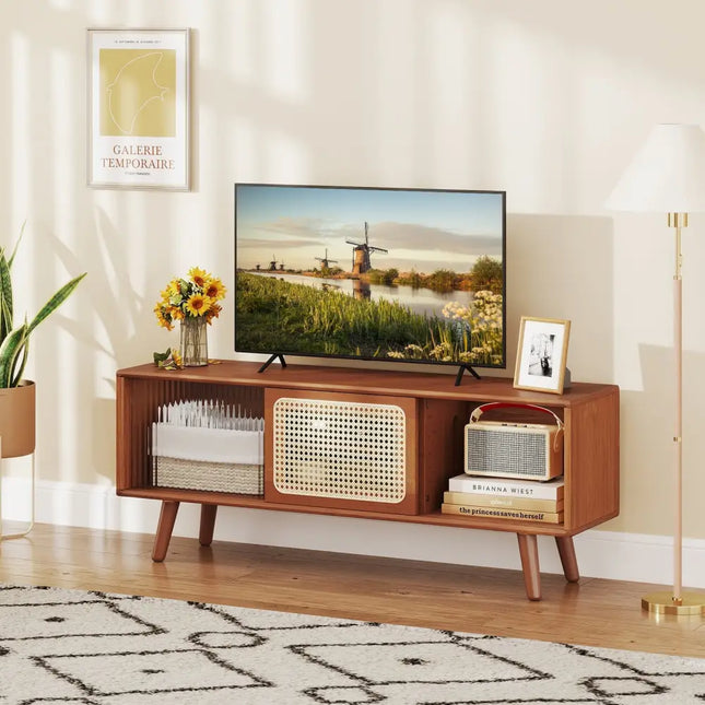 Modern TV Stand with Rattan Glass Sliding Doors-Brown - Brown - Living Room
