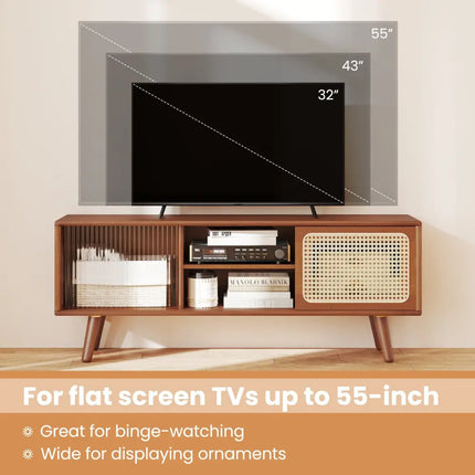 Modern TV Stand with Rattan Glass Sliding Doors-Brown - Brown - Living Room