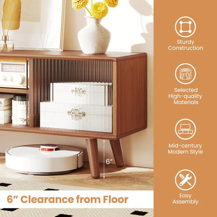 Modern TV Stand with Rattan Glass Sliding Doors-Brown - Brown - Living Room