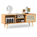 Modern TV Stand with Rattan Glass Sliding Doors-Natural - Natural - Entertainment Centers & TV Stands