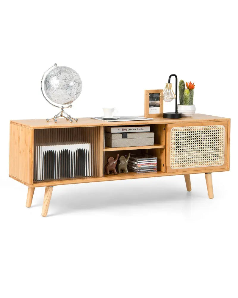 Modern TV Stand with Rattan Glass Sliding Doors-Natural - Natural - Entertainment Centers & TV Stands