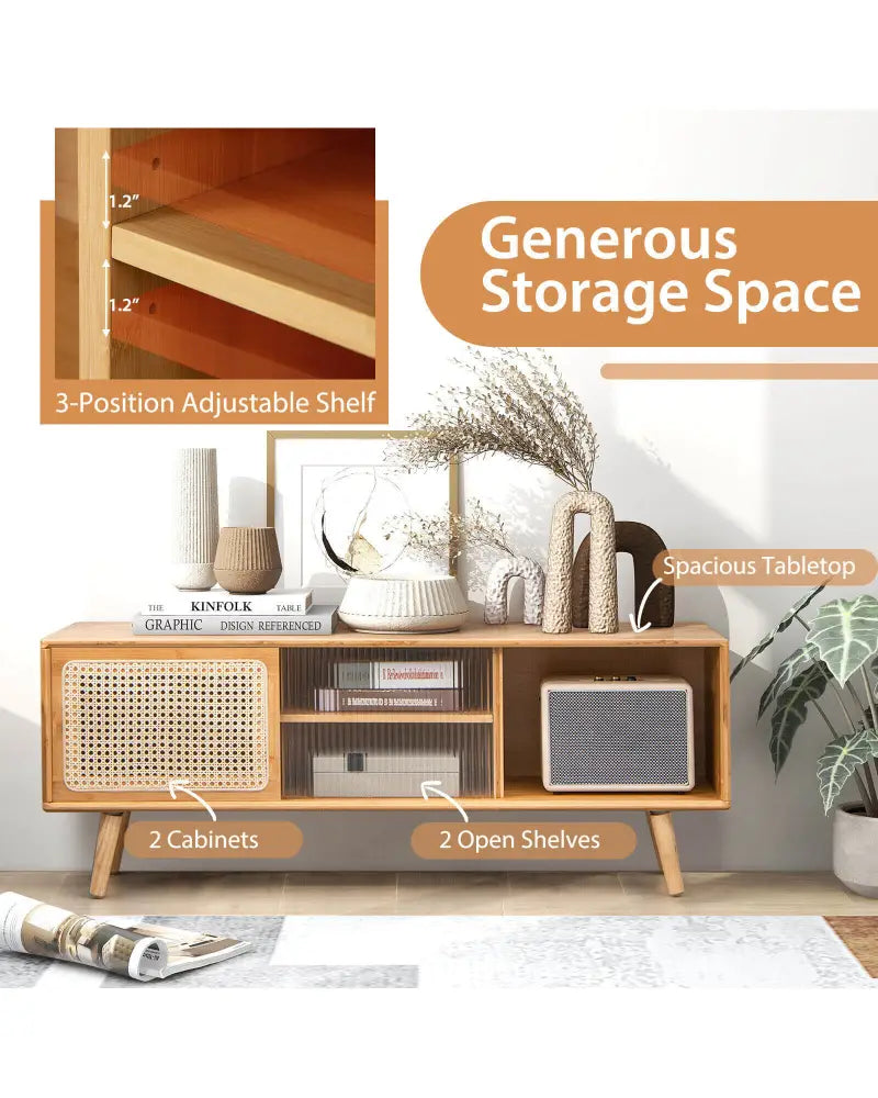 Modern TV Stand with Rattan Glass Sliding Doors-Natural - Natural - Entertainment Centers & TV Stands