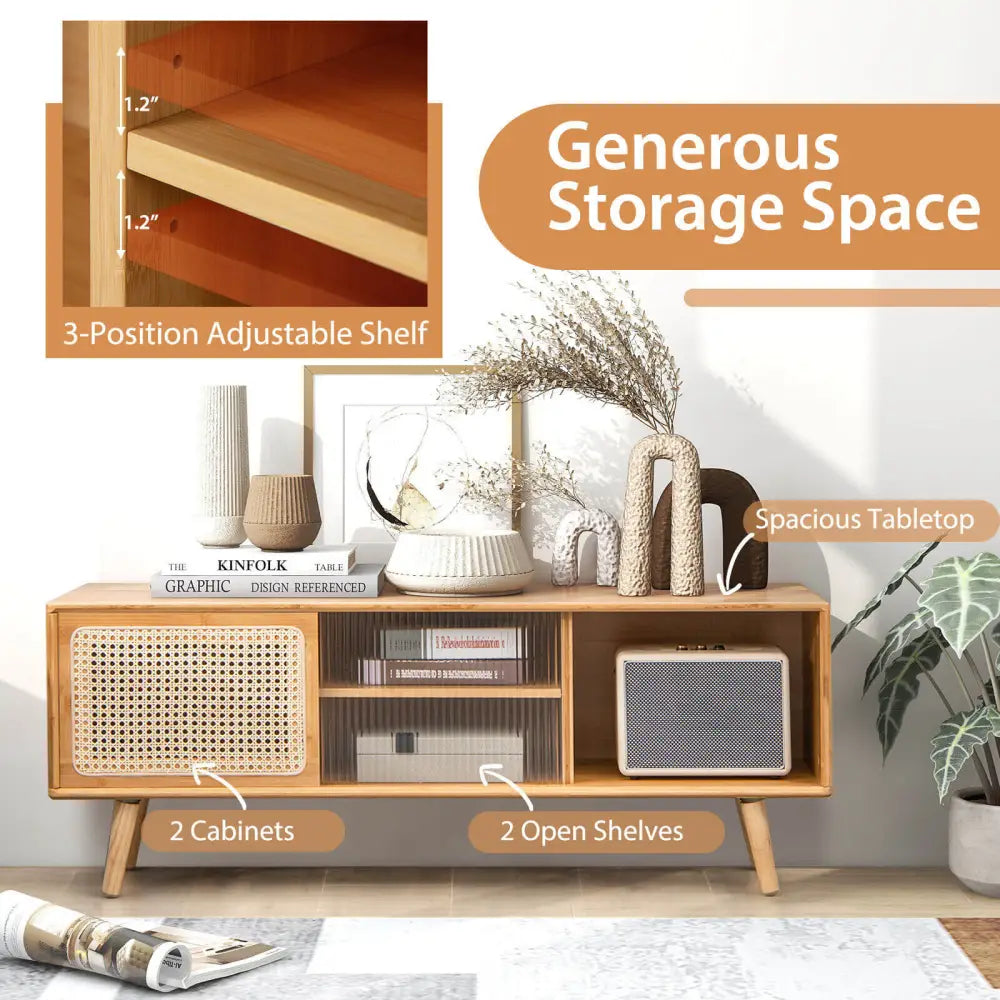 Modern TV Stand with Rattan Glass Sliding Doors-Natural - Natural - Entertainment Centers & TV Stands