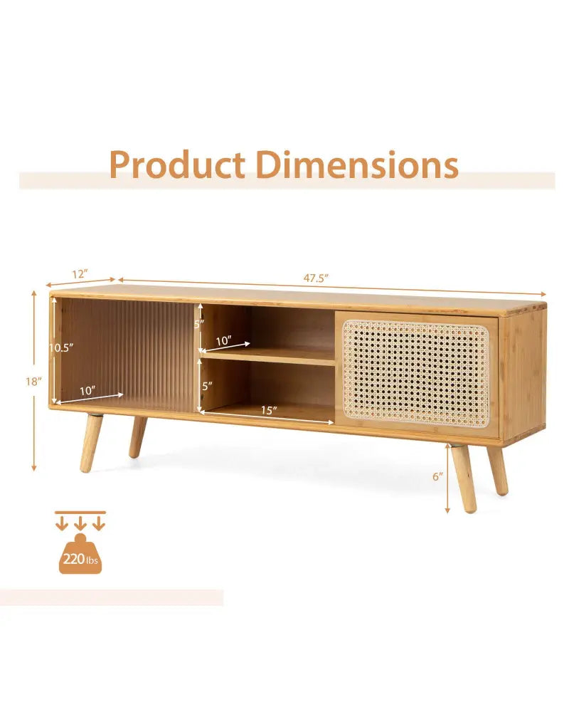 Modern TV Stand with Rattan Glass Sliding Doors-Natural - Natural - Entertainment Centers & TV Stands