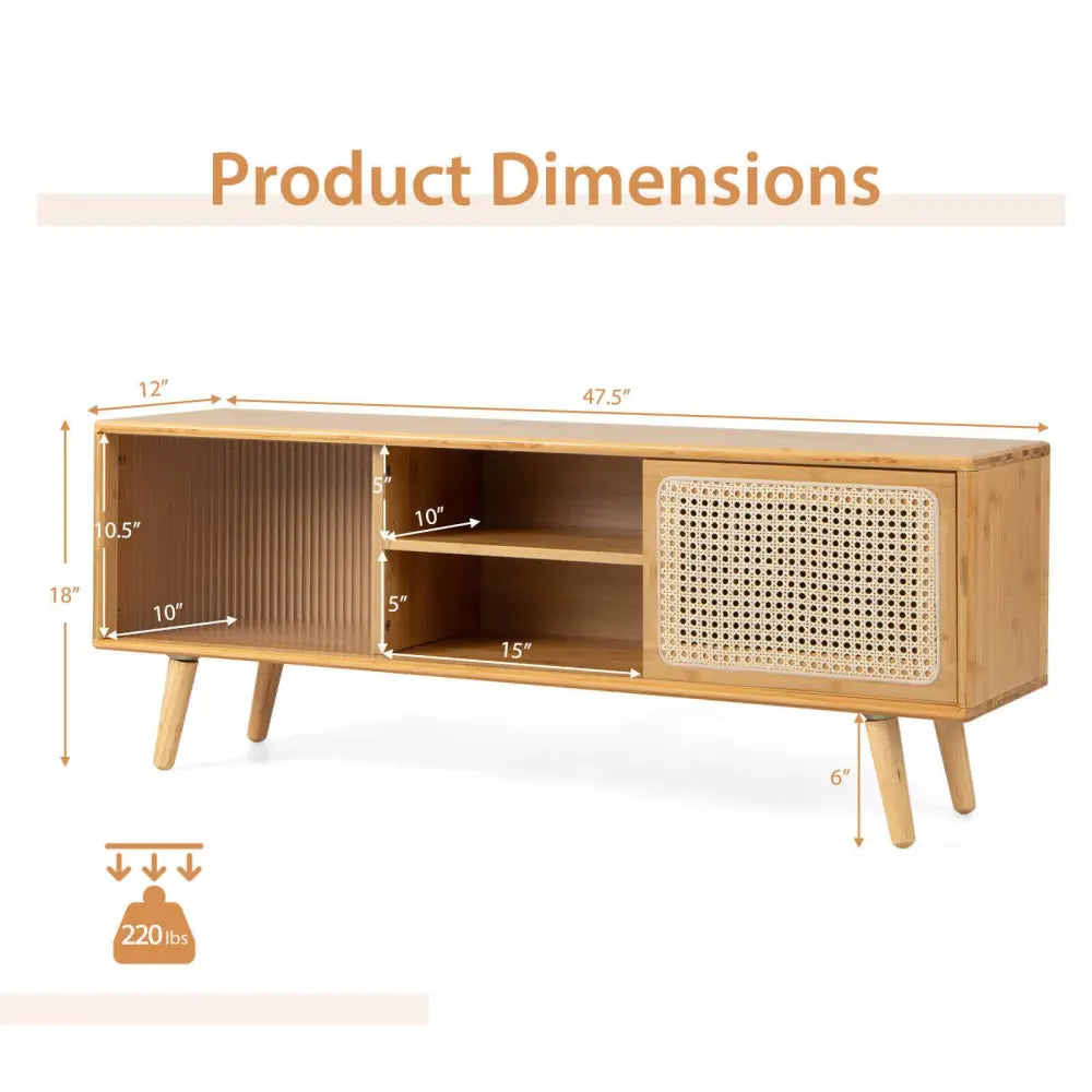 Modern TV Stand with Rattan Glass Sliding Doors-Natural - Natural - Entertainment Centers & TV Stands