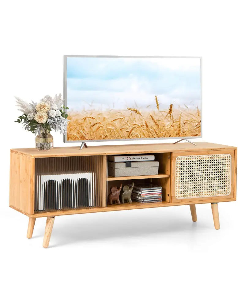Modern TV Stand with Rattan Glass Sliding Doors-Natural - Natural - Entertainment Centers & TV Stands