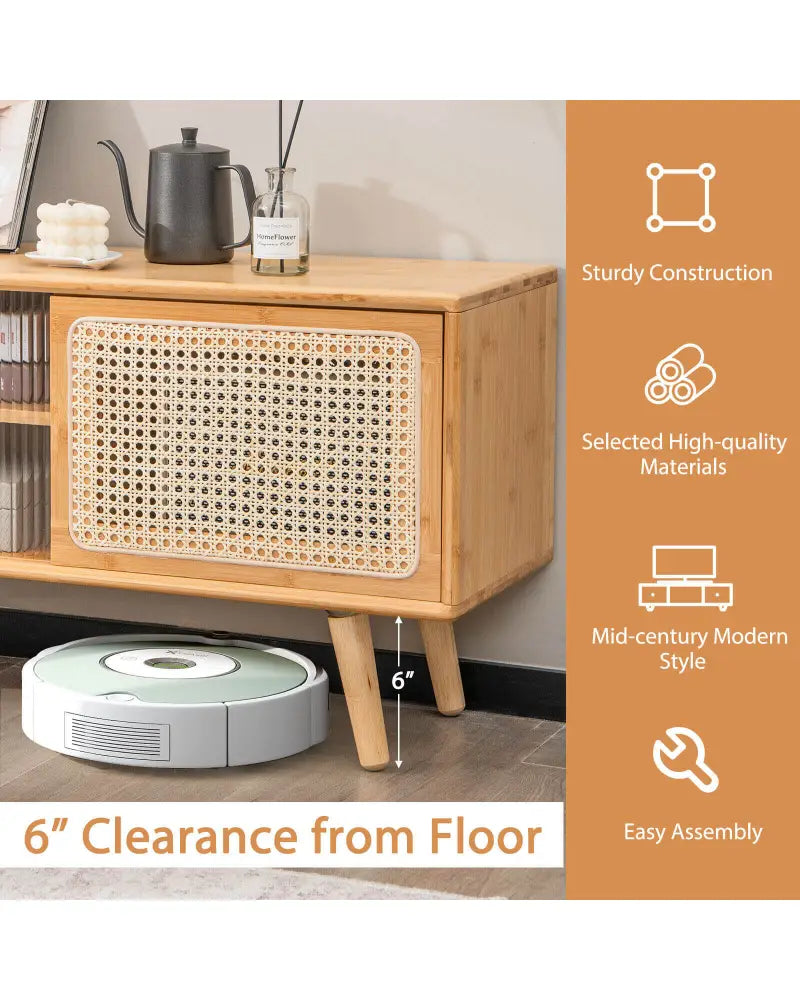 Modern TV Stand with Rattan Glass Sliding Doors-Natural - Natural - Entertainment Centers & TV Stands