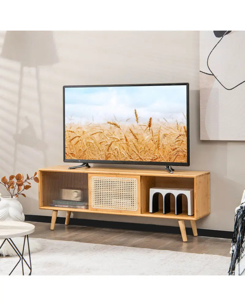 Modern TV Stand with Rattan Glass Sliding Doors-Natural - Natural - Entertainment Centers & TV Stands