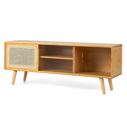 Modern TV Stand with Rattan Glass Sliding Doors-Natural - Natural - Living Room