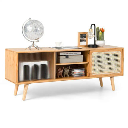 Modern TV Stand with Rattan Glass Sliding Doors-Natural - Natural - Living Room