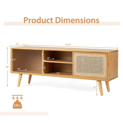 Modern TV Stand with Rattan Glass Sliding Doors-Natural - Natural - Living Room