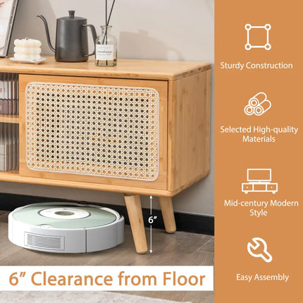 Modern TV Stand with Rattan Glass Sliding Doors-Natural - Natural - Living Room