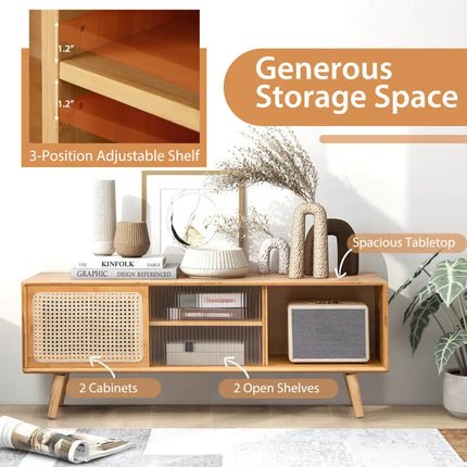 Modern TV Stand with Rattan Glass Sliding Doors-Natural - Natural - Living Room