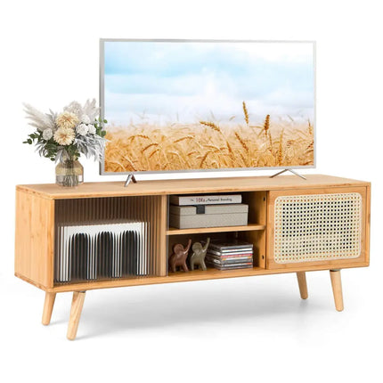 Modern TV Stand with Rattan Glass Sliding Doors-Natural - Natural - Living Room