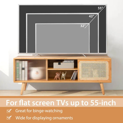Modern TV Stand with Rattan Glass Sliding Doors-Natural - Natural - Living Room