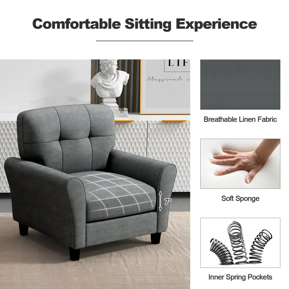 Modern Upholstered Accent Chair with Rubber Wood Legs-Gray - Gray - Accent Chairs