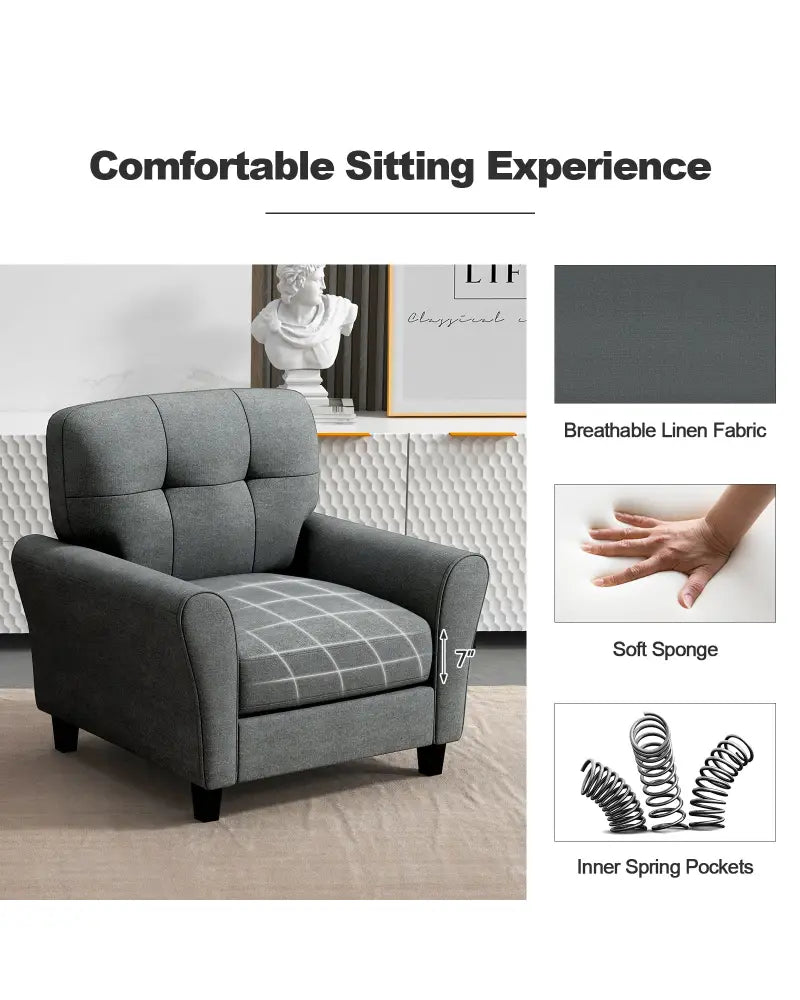 Modern Upholstered Accent Chair with Rubber Wood Legs-Gray - Gray - Accent Chairs