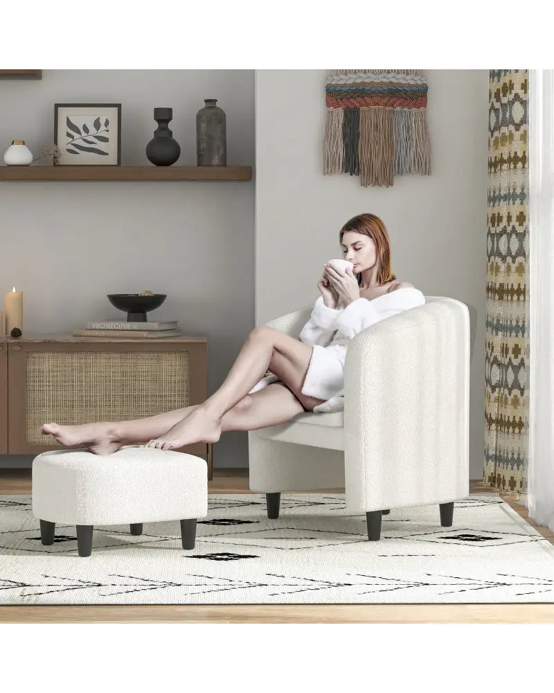Modern Upholstered Barrel Teddy Velvet Chair with Ottoman-Beige - Beige - Accent Chairs