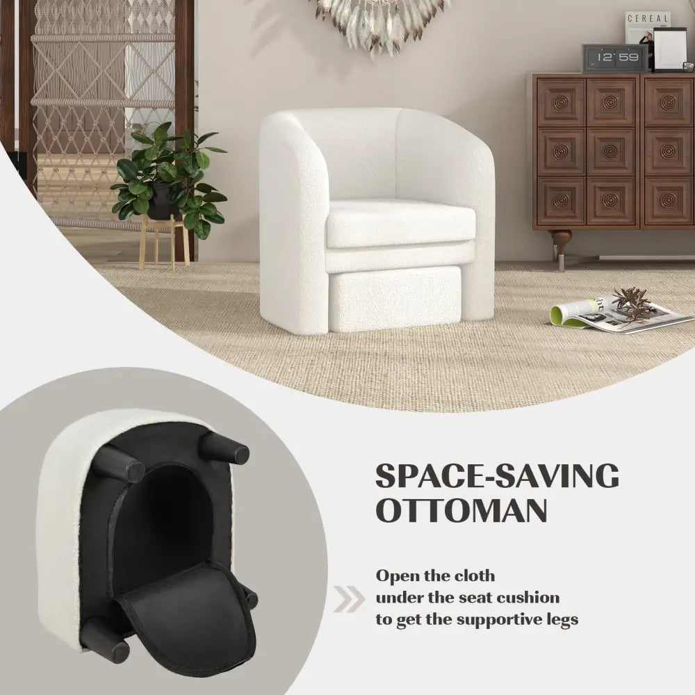 Modern Upholstered Barrel Teddy Velvet Chair with Ottoman-Beige - Beige - Accent Chairs