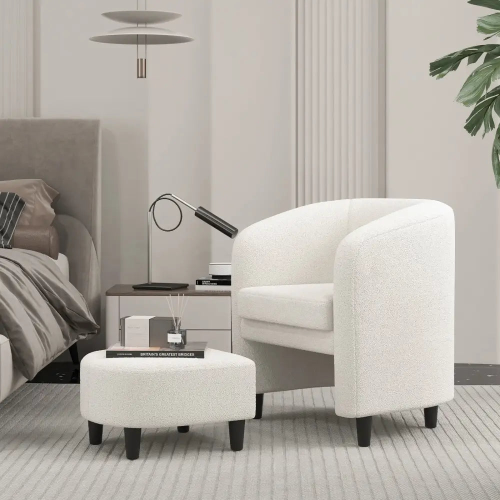 Modern Upholstered Barrel Teddy Velvet Chair with Ottoman-Beige - Beige - Accent Chairs