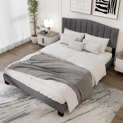 Modern Upholstered Bed Frame with Adjustable Vertical Channel Tufted Headboard-Queen Size - Gray - Simple Bed Frame