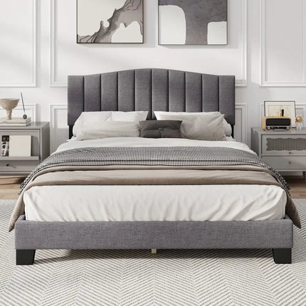 Modern Upholstered Bed Frame with Adjustable Vertical Channel Tufted Headboard-Queen Size - Gray - Simple Bed Frame