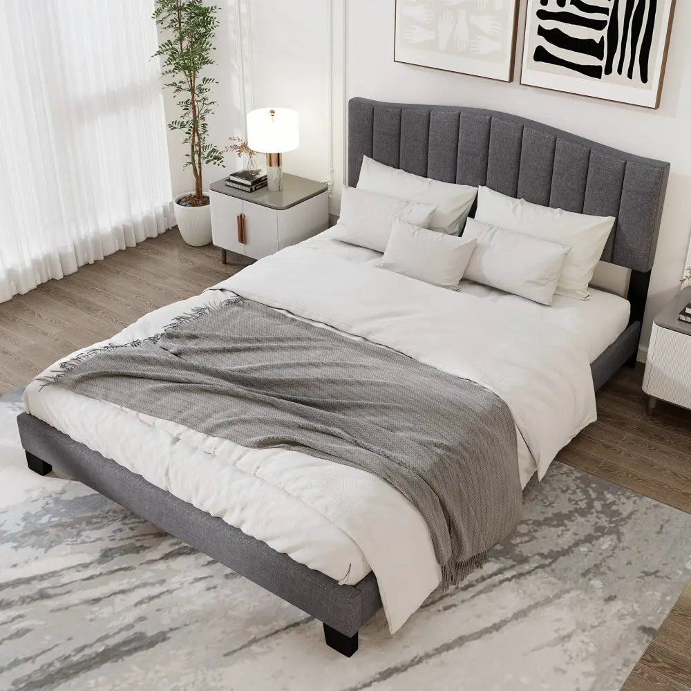 Modern Upholstered Bed Frame with Adjustable Vertical Channel Tufted Headboard-Queen Size - Gray - Simple Bed Frame