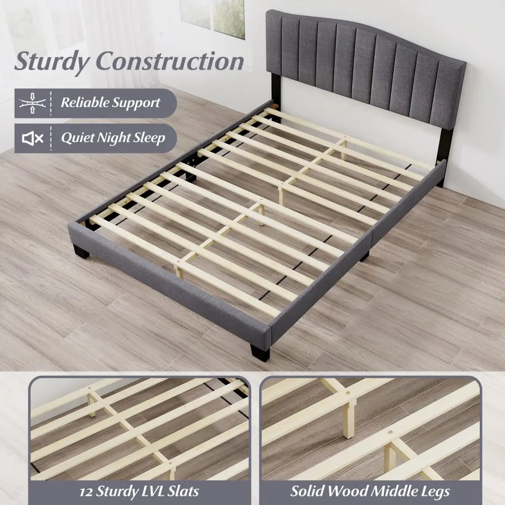 Modern Upholstered Bed Frame with Adjustable Vertical Channel Tufted Headboard-Queen Size - Gray - Simple Bed Frame
