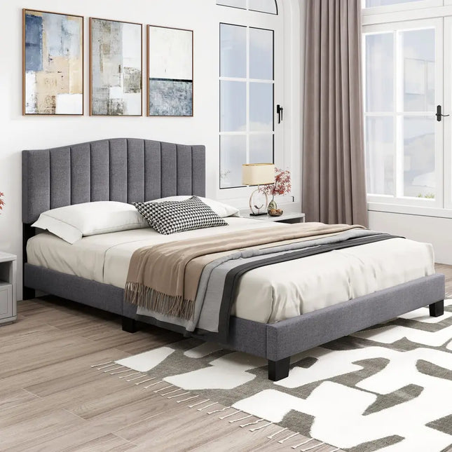 Modern Upholstered Bed Frame with Adjustable Vertical Channel Tufted Headboard-Queen Size - Gray - Simple Bed Frame