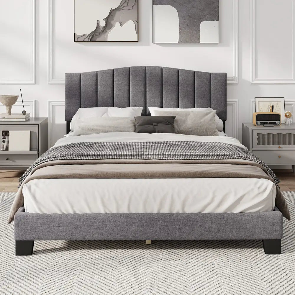 Modern Upholstered Bed Frame with Adjustable Vertical Channel Tufted Headboard-Queen Size - Gray - Simple Bed Frame