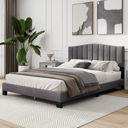 Modern Upholstered Bed Frame with Adjustable Vertical Channel Tufted Headboard-Queen Size - Gray - Simple Bed Frame