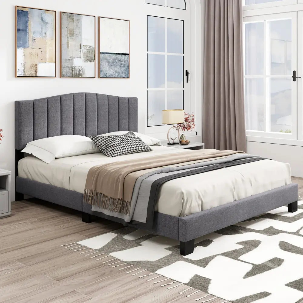 Modern Upholstered Bed Frame with Adjustable Vertical Channel Tufted Headboard-Queen Size - Gray - Simple Bed Frame