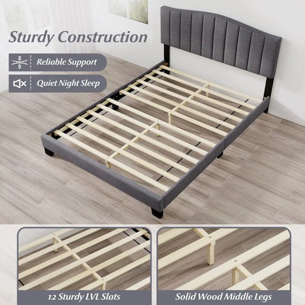 Modern Upholstered Bed Frame with Adjustable Vertical Channel Tufted Headboard-Queen Size - Gray - Simple Bed Frame