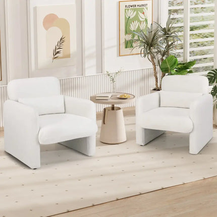 Modern Upholstered Chenille Accent Chair with Removable Lumbar Pillow-White - White - Accent Chairs